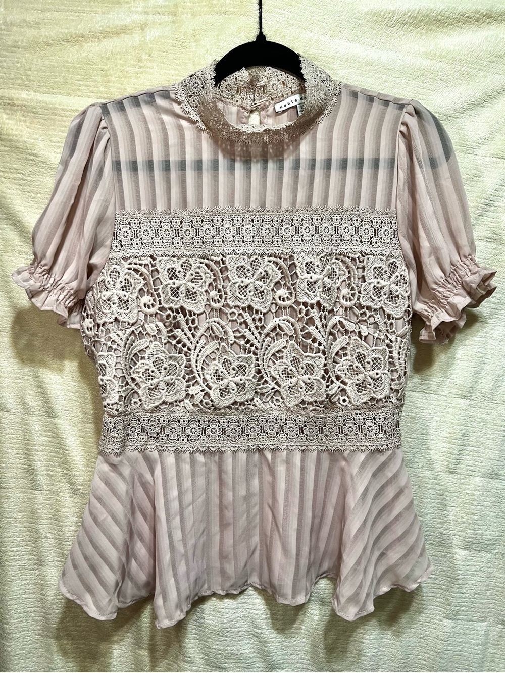 Haute Monde Victorian Lace Peplum Blouse Pink Juniors XL Sheer Romantic